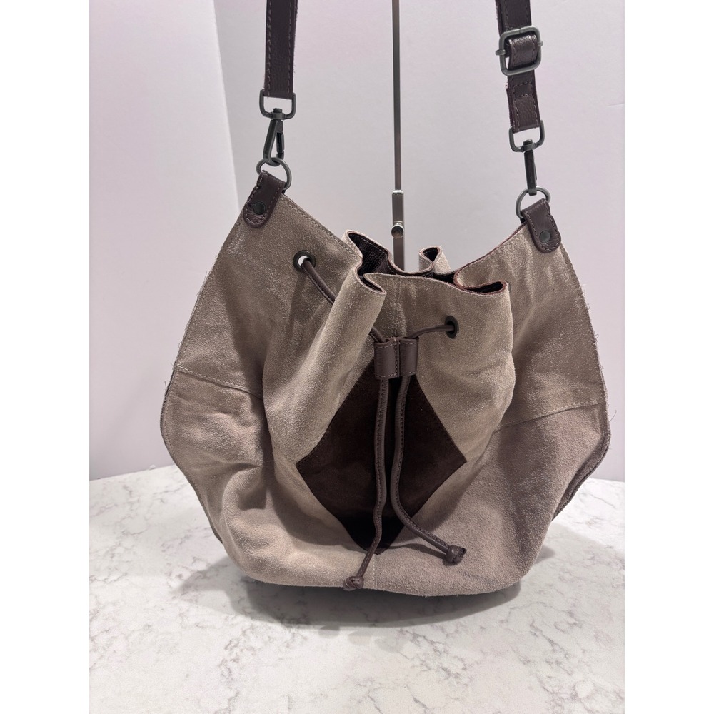 Free People New Tovey Suede Bucket Bag Light Dark Chocolate Brown Purse - Picture 4 of 7